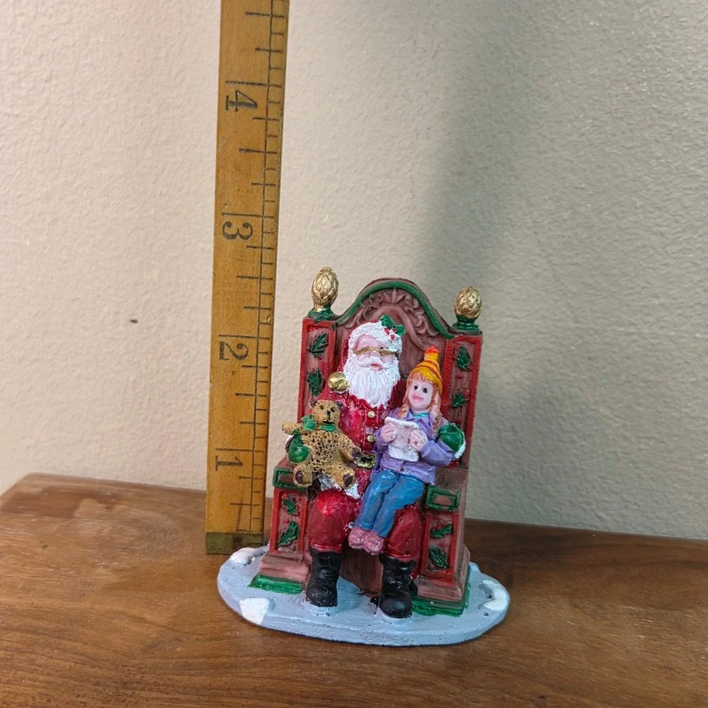 Santa Claus Figurine on Throne Girl Teddy Bear Christmas Village Decor Ornament